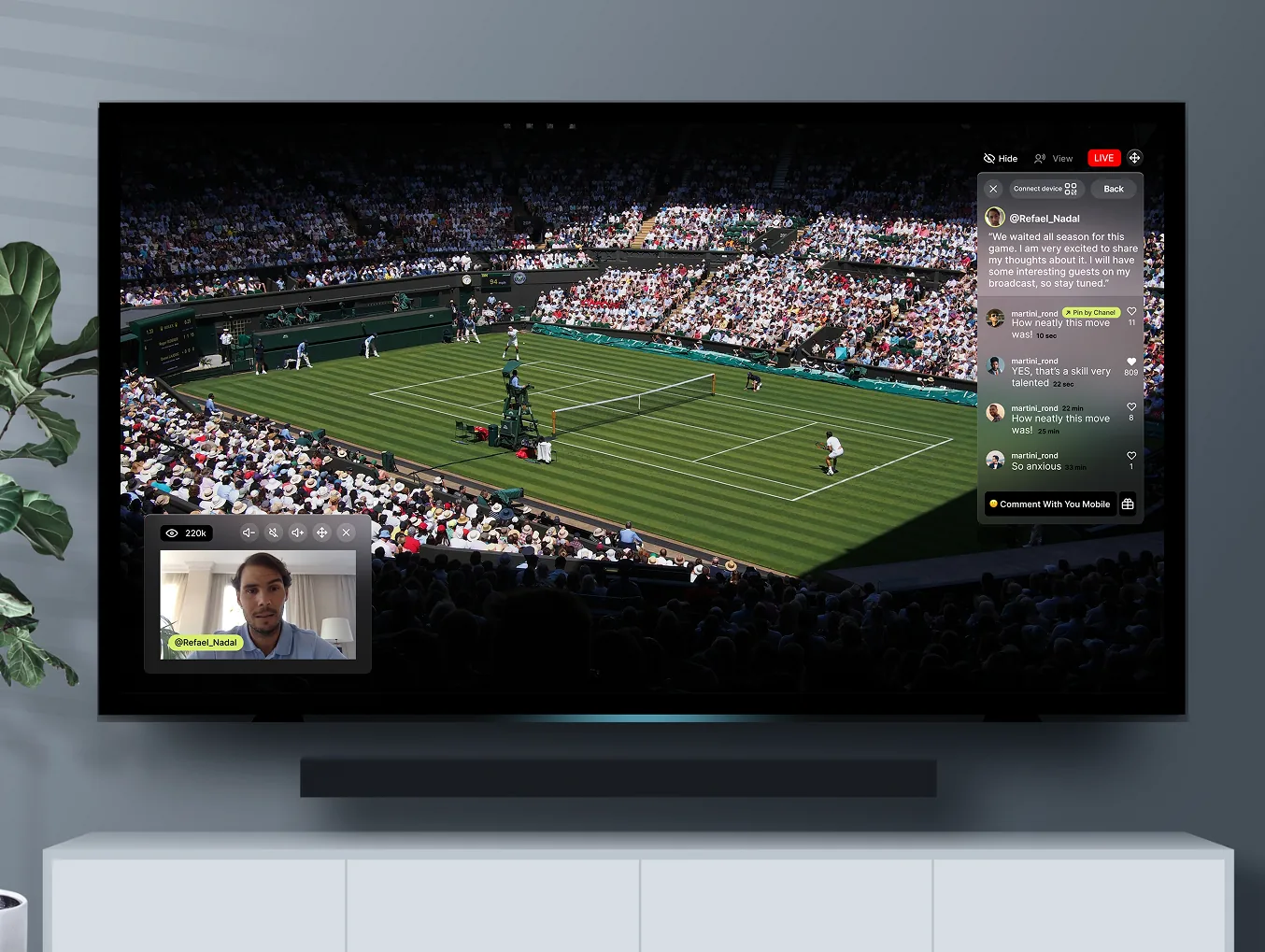TV screen with live chat overlay