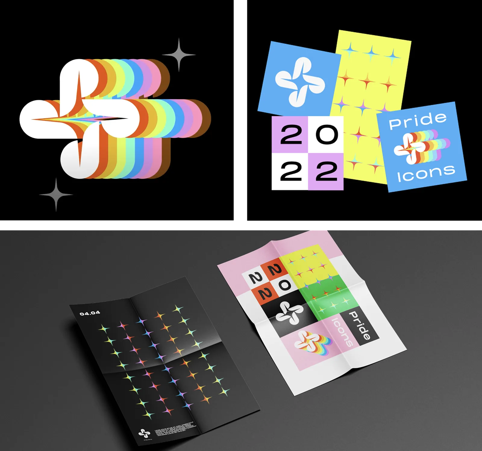 Brand expression — pride logo, stickers, and posters