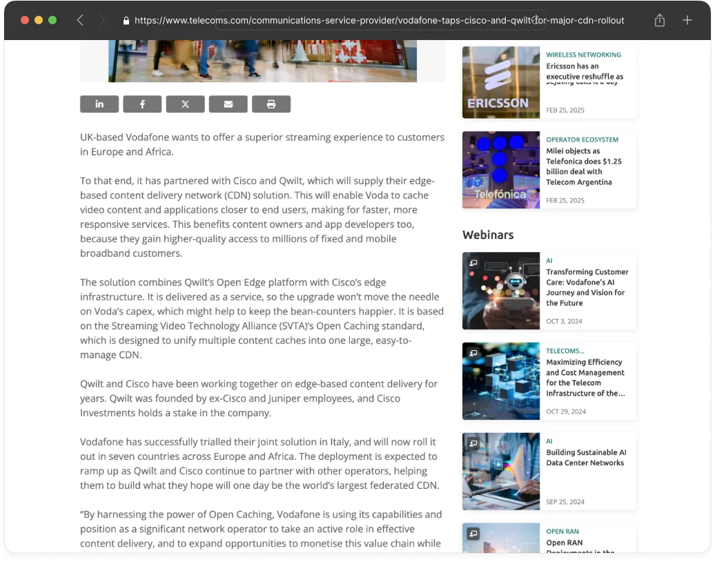 Vodafone × Qwilt press coverage